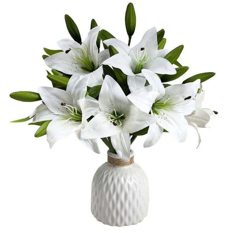 AntranStore 7 Pcs Artificial Lily Flowers Artificial Lilies Flowers for Home Wedding Bouquets Home Hotel Party Decor Graves Arrangement (White) - Image 1